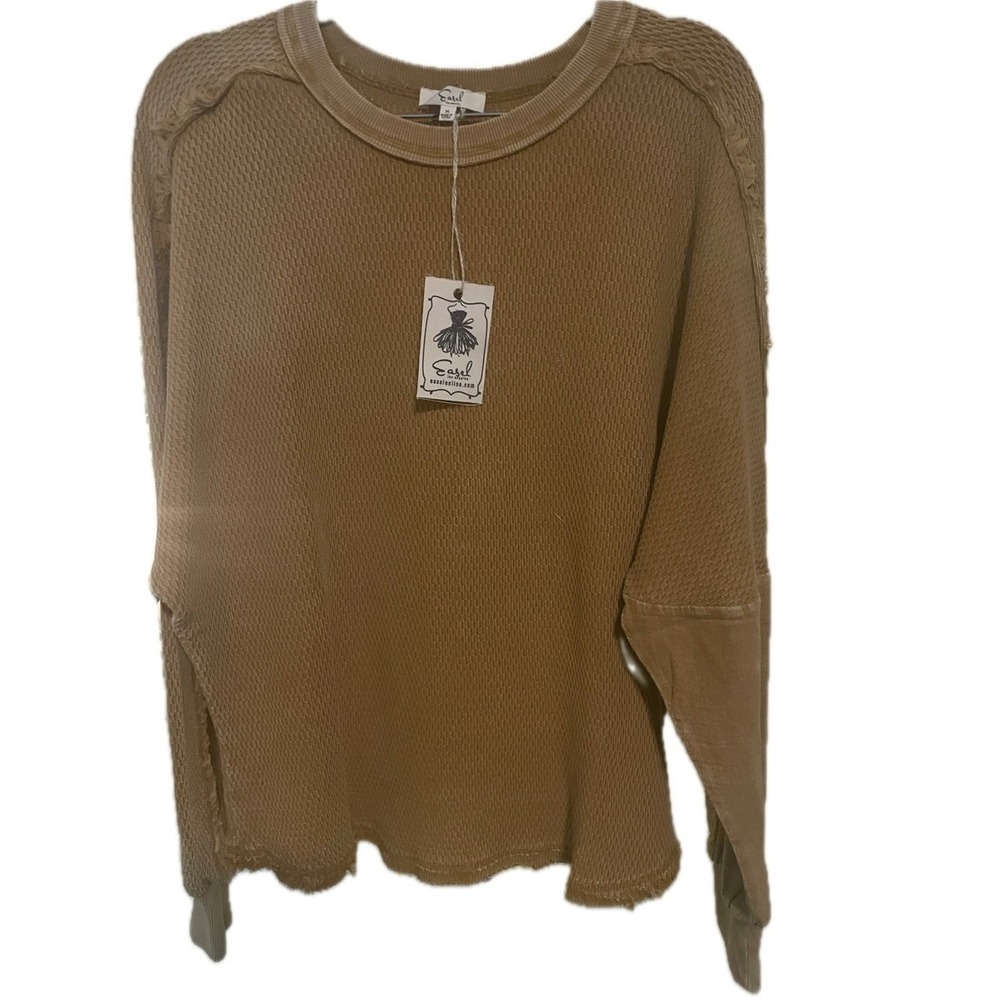 Easel Mineral‎ Wash Waffle Knit Pullover Oversized Raw Hem Boho Top Size M